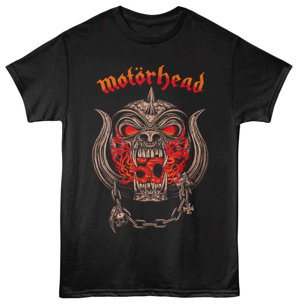 Black t-shirt with Motorhead logo featuring a red and orange design on a white background
