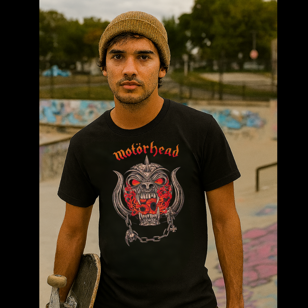 Person wearing a black 'Motorhead' t-shirt at a skate park. MHD523S, MHD523M, MHD523L, MHD523XL, MHD523XXL, MHD523XXXL, MHD523XXXXL, MHD523XXXXXL