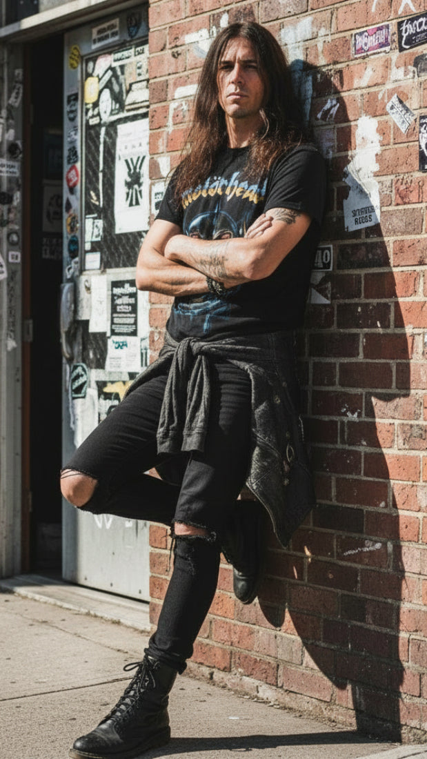 MAN WEARING Black t-shirt with Motorhead logo and graphic design  MHD524S, MHD524M, MHD524L, MHD524XL, MHD524XXL, MHD524XXXL, MHD524XXXXLL, MHD524XXXXXL