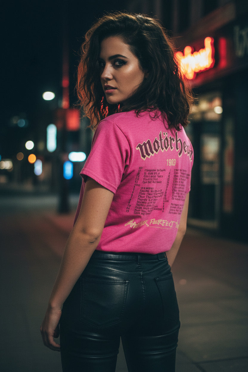 WOMAN WEARING Pink t-shirt with 'Motorhead' logo and text MHD527S, MHD527M, MHD527L, MHD527XL, MHD527XXL