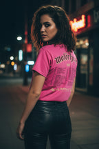 WOMAN WEARING Pink t-shirt with 'Motorhead' logo and text MHD527S, MHD527M, MHD527L, MHD527XL, MHD527XXL