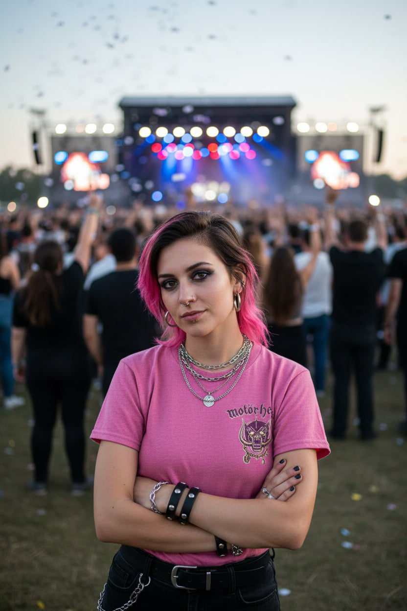 WOMAN WEARING Pink t-shirt with 'Motorhead' logo and text MHD527S, MHD527M, MHD527L, MHD527XL, MHD527XXL