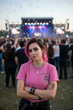WOMAN WEARING Pink t-shirt with 'Motorhead' logo and text MHD527S, MHD527M, MHD527L, MHD527XL, MHD527XXL