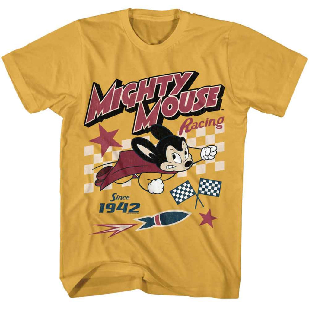 Yellow t-shirt with 'Mighty Mouse Racing' graphic design featuring a cartoon mouse and racing elements.