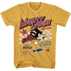 Yellow t-shirt with 'Mighty Mouse Racing' graphic design featuring a cartoon mouse and racing elements.