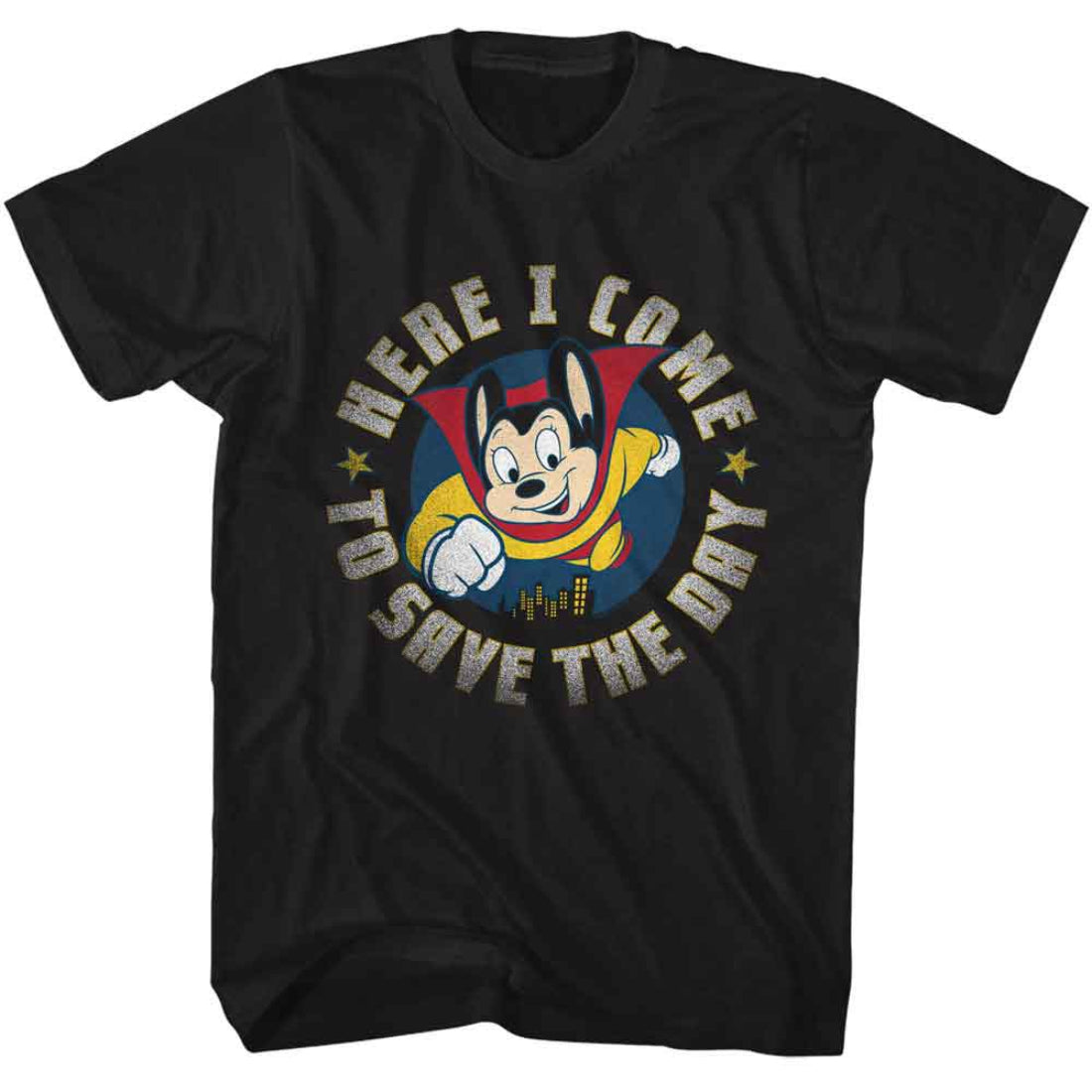 Black t-shirt with a graphic of Mighty Mouse and text 'Here I come to save the day' on a white background