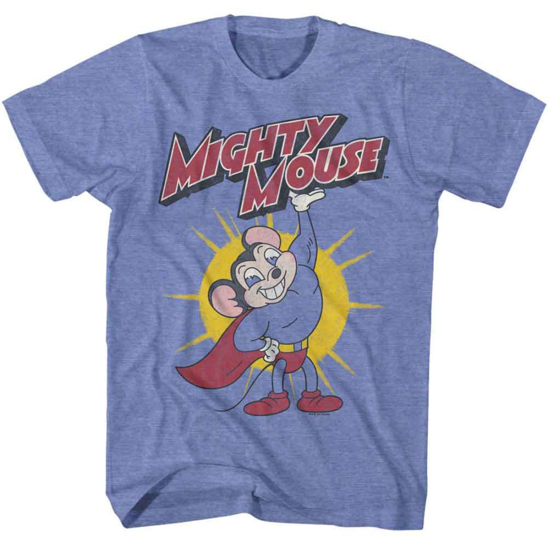 Blue t-shirt with Mighty Mouse graphic on a white background