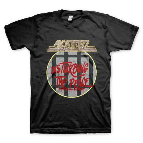 Black t-shirt with 'Anthrax Disturbing the Peace' graphic design on a white background