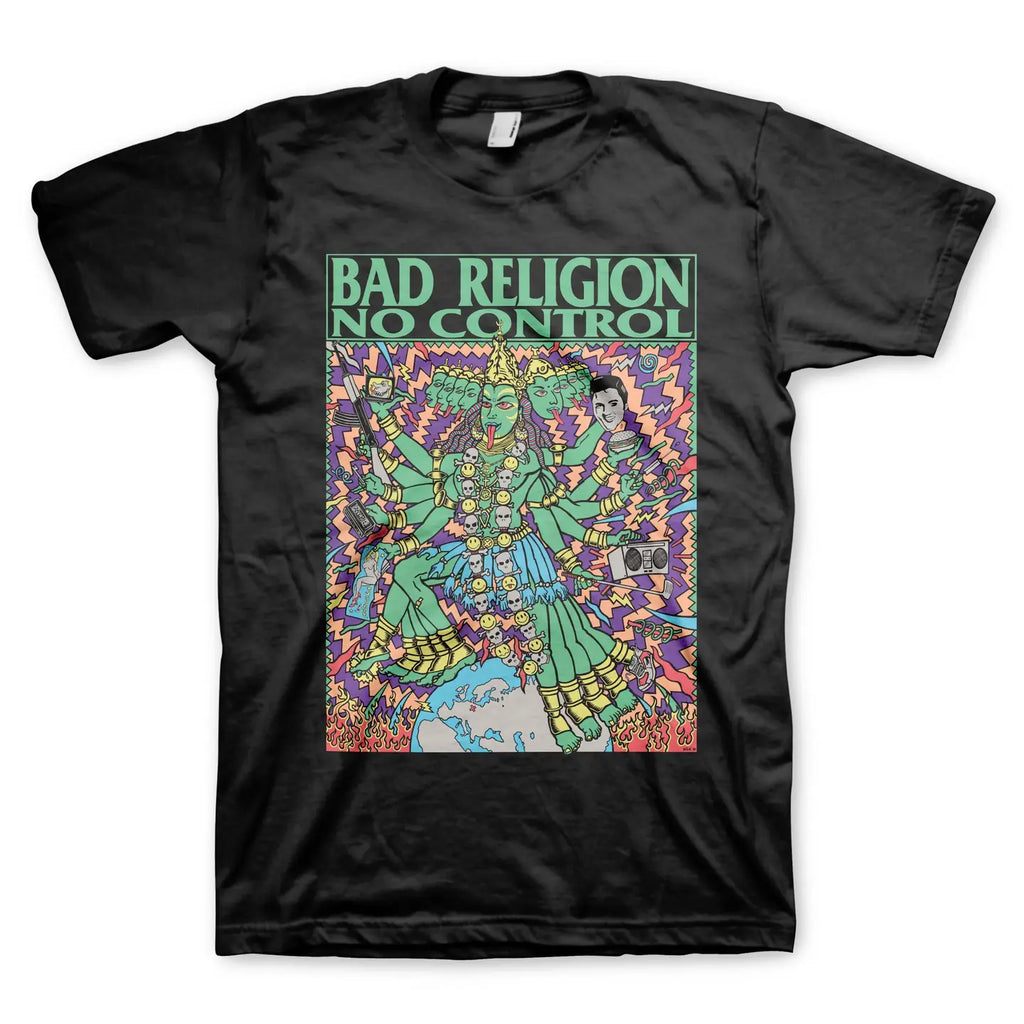 Black t-shirt with colorful graphic and 'Bad Religion No Control' text on a white background