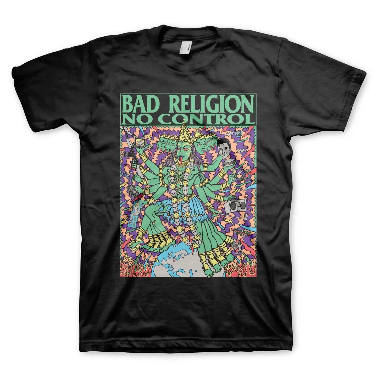 Black t-shirt with colorful graphic and 'Bad Religion No Control' text on a white background