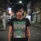 WOMAN WEARING Black t-shirt with colorful graphic and 'Bad Religion No Control' text MM-BAD-01S, MM-BAD-01M, MM-BAD-01L, MM-BAD-01X, MM-BAD-01XX, MM-BAD-01XXX