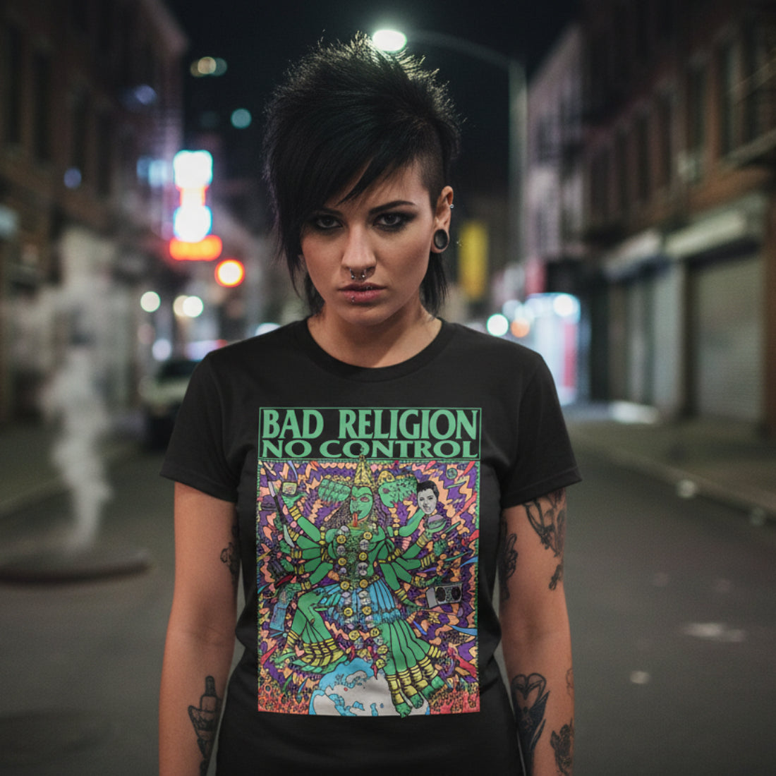 WOMAN WEARING Black t-shirt with colorful graphic and 'Bad Religion No Control' text MM-BAD-01S, MM-BAD-01M, MM-BAD-01L, MM-BAD-01X, MM-BAD-01XX, MM-BAD-01XXX