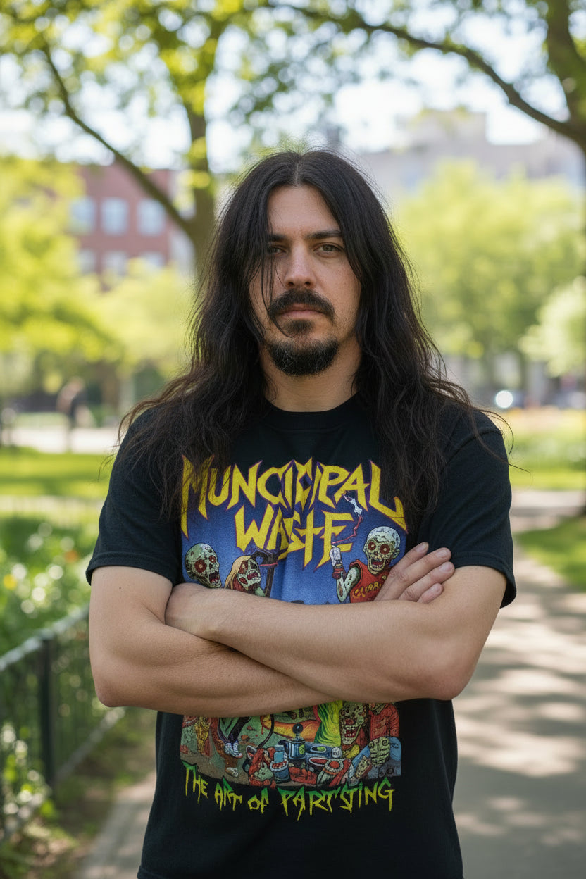 MAN WEARING MUNCIPAL WASTE SHIRT MM-EAR-12S, MM-EAR-12M, MM-EAR-12L, MM-EAR-12X, MM-EAR-12XX, MM-EAR-12XXX