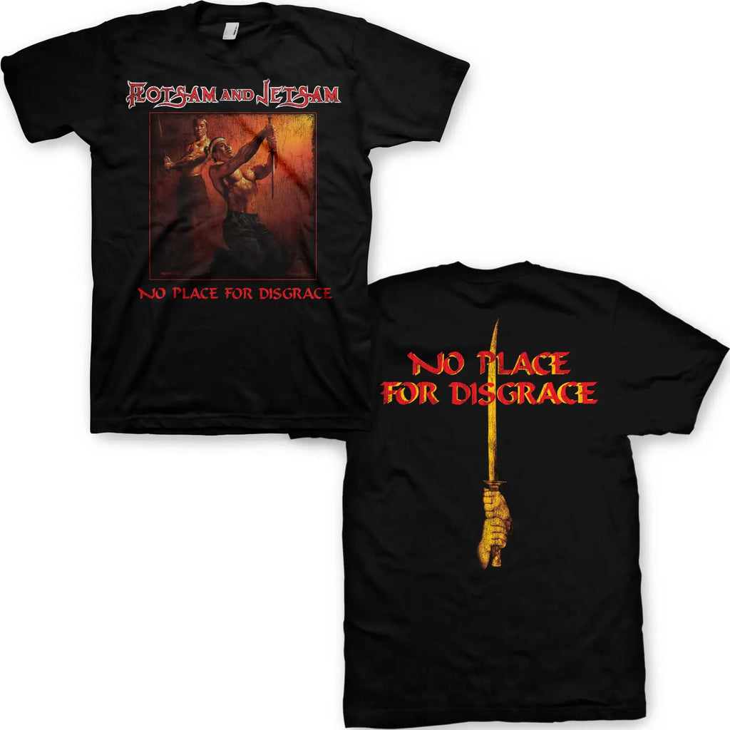 Black FLOTSAM AND JETSAM t-shirt with 'No Place for Disgrace' design featuring a warrior and sword on a white background.