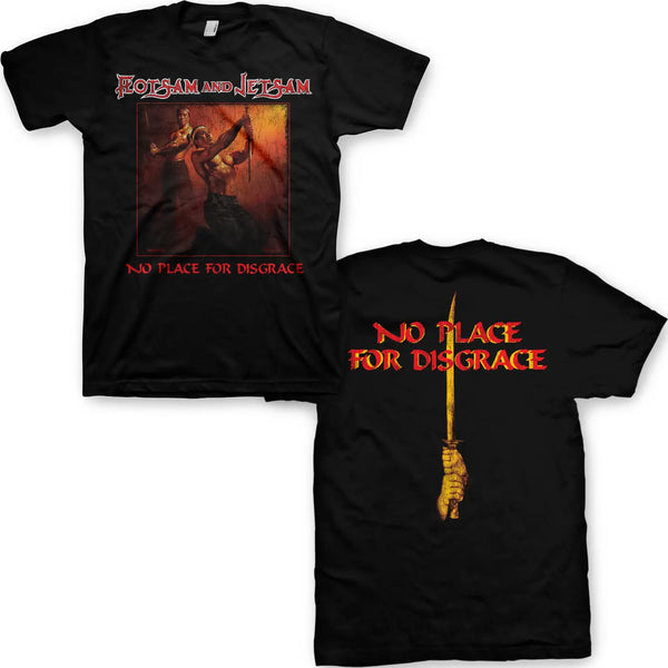 Black FLOTSAM AND JETSAM t-shirt with 'No Place for Disgrace' design featuring a warrior and sword on a white background.