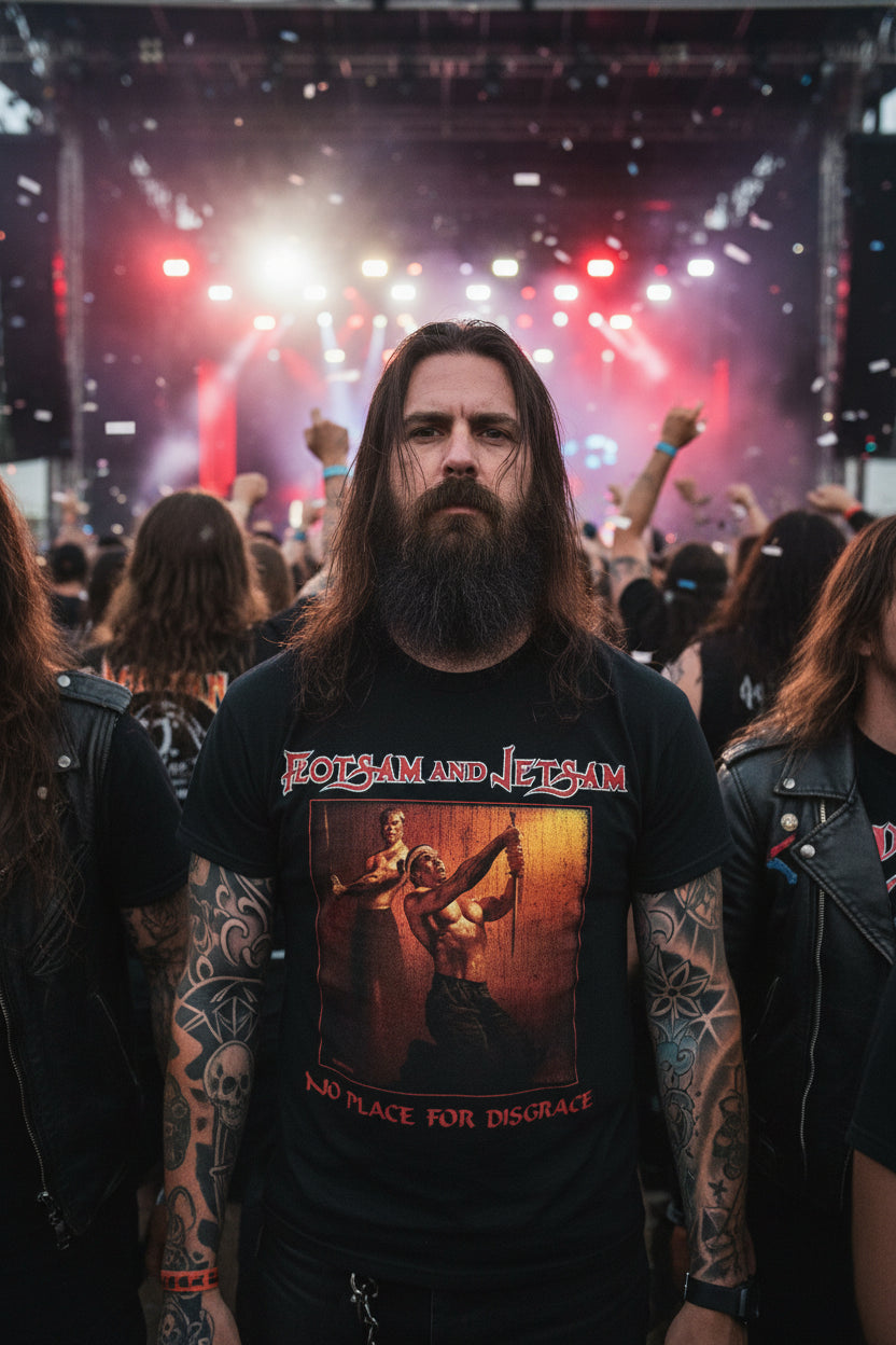 man wearing Flotsam and Jetsam No Place tee MM-FAJ-02S, MM-FAJ-02M, MM-FAJ-02L, MM-FAJ-02X, MM-FAJ-02XX, MM-FAJ-02XXX