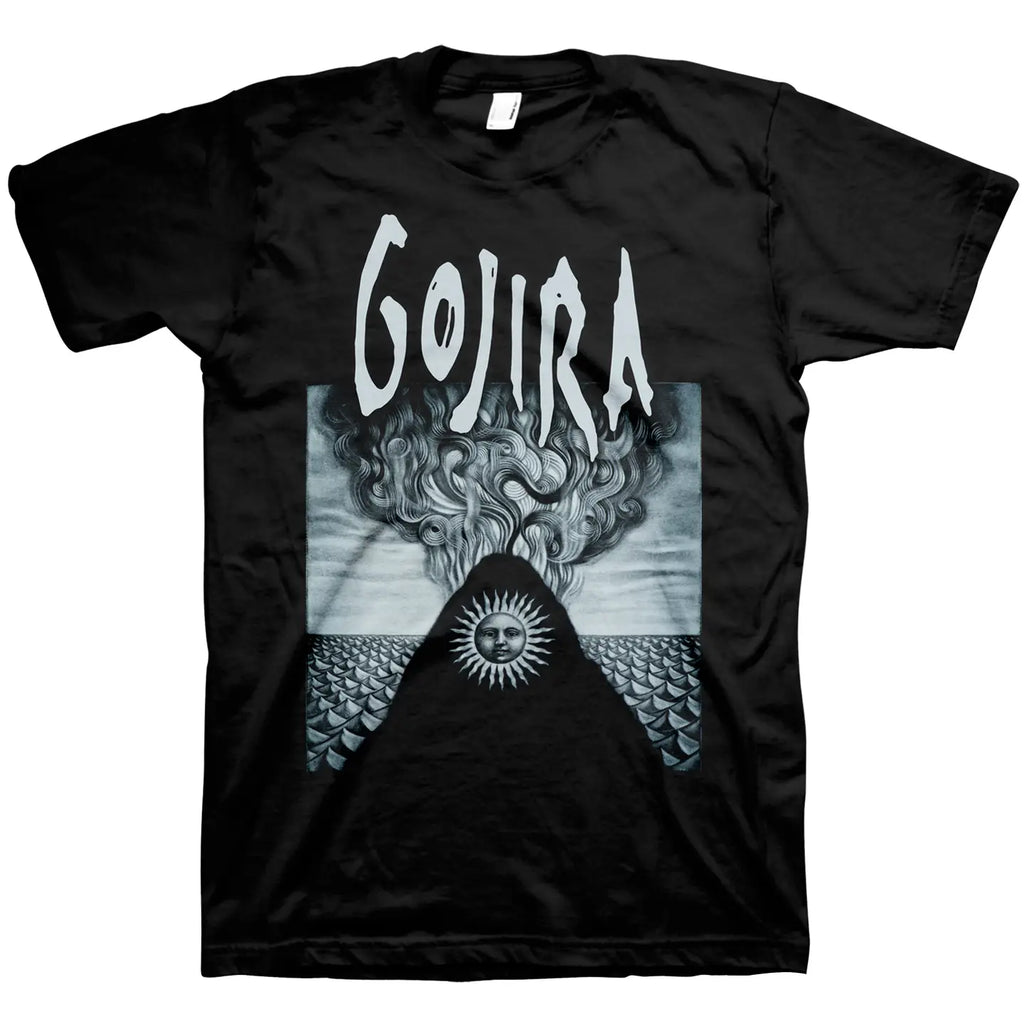 Black t-shirt with 'Gojira' logo and graphic design on a white background