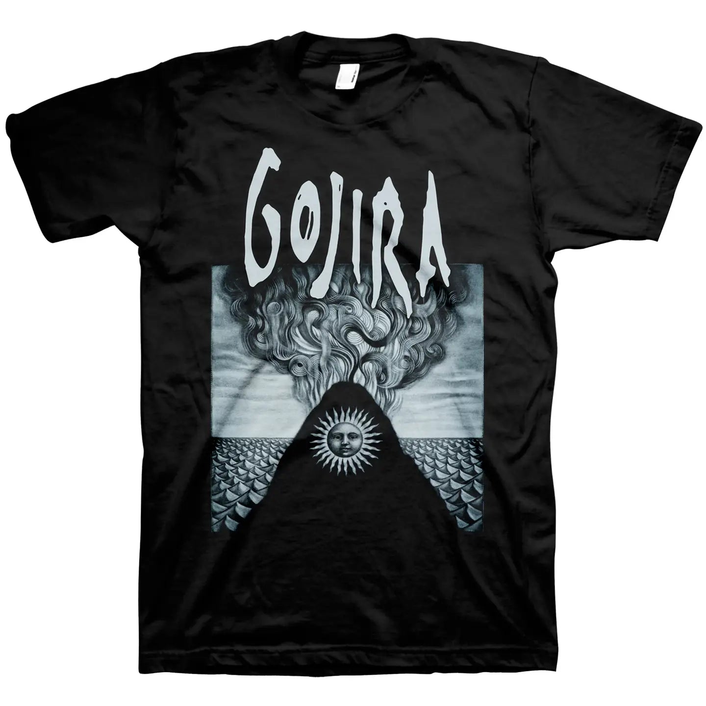 Black t-shirt with 'Gojira' logo and graphic design on a white background