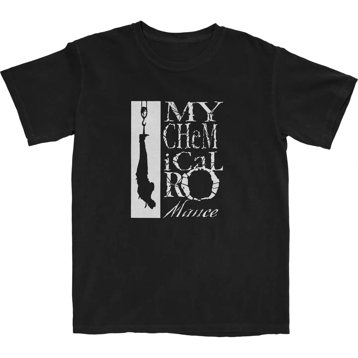 Black t-shirt with 'My Chemical Romance' logo on a white background