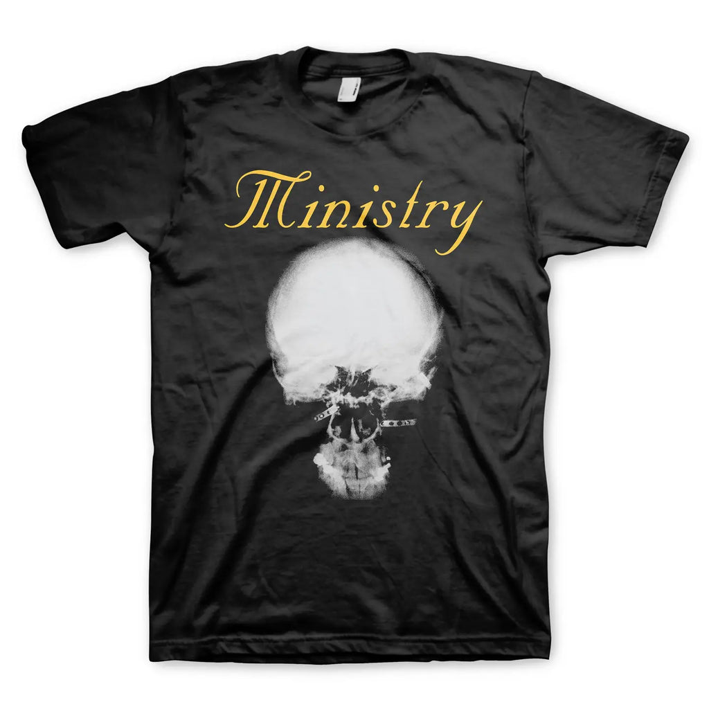 Black t-shirt with a skull graphic and 'Ministry' text on a white background