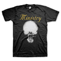 Black t-shirt with a skull graphic and 'Ministry' text on a white background