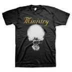 Black t-shirt with a skull graphic and 'Ministry' text on a white background