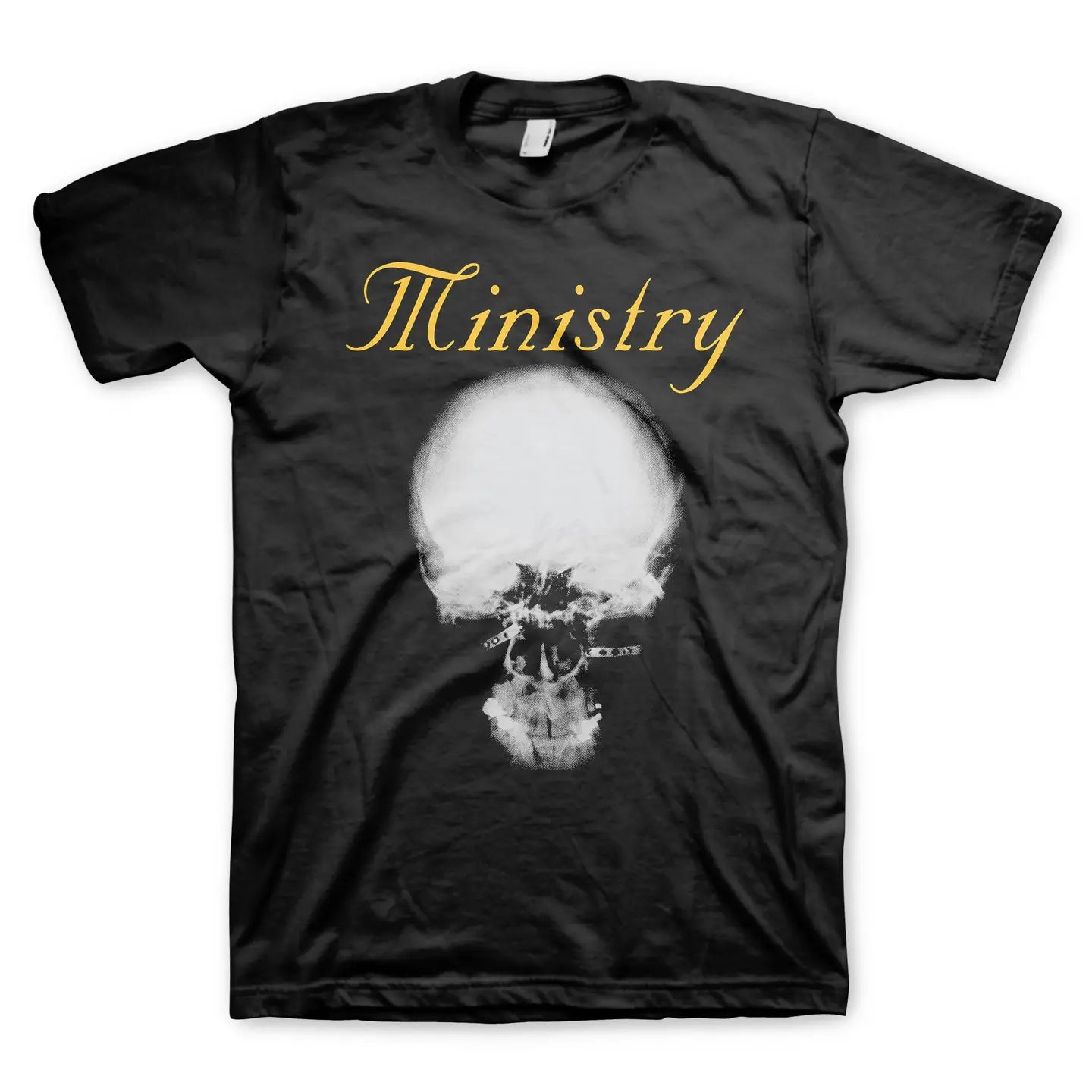 Black t-shirt with a skull graphic and 'Ministry' text on a white background