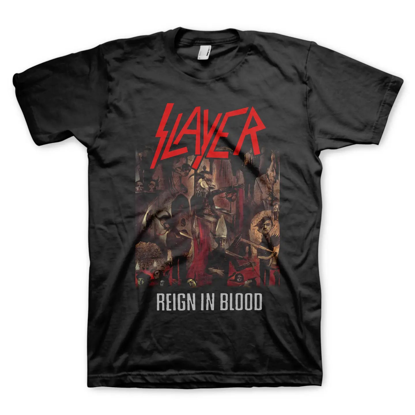 Black t-shirt with Slayer 'Reign in Blood' graphic design on a white background