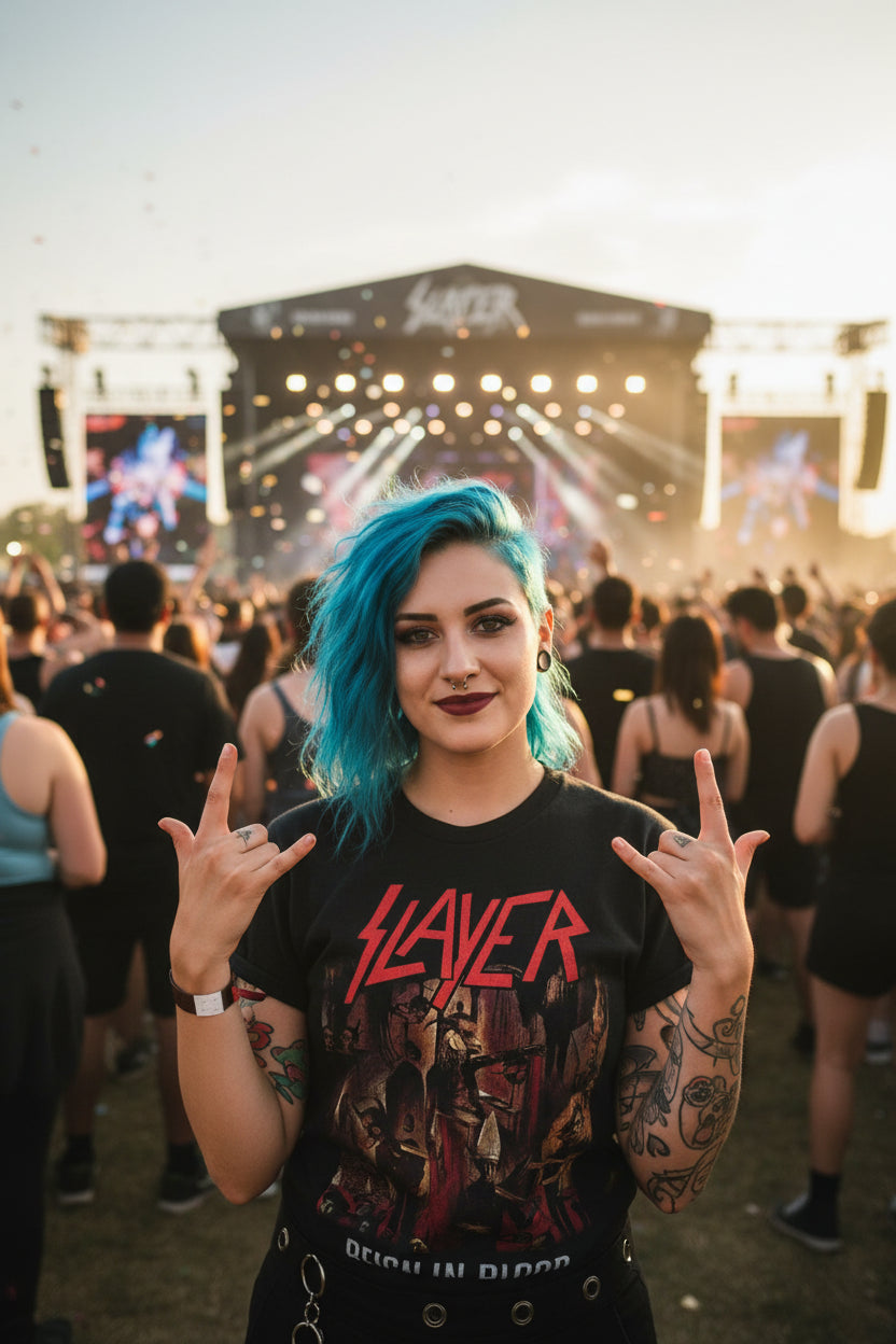 WOMAN WEARING Black t-shirt with Slayer 'Reign in Blood' graphic design MM-SLA10004S, MM-SLA10004M, MM-SLA10004L, MM-SLA10004X, MM-SLA10004XX
