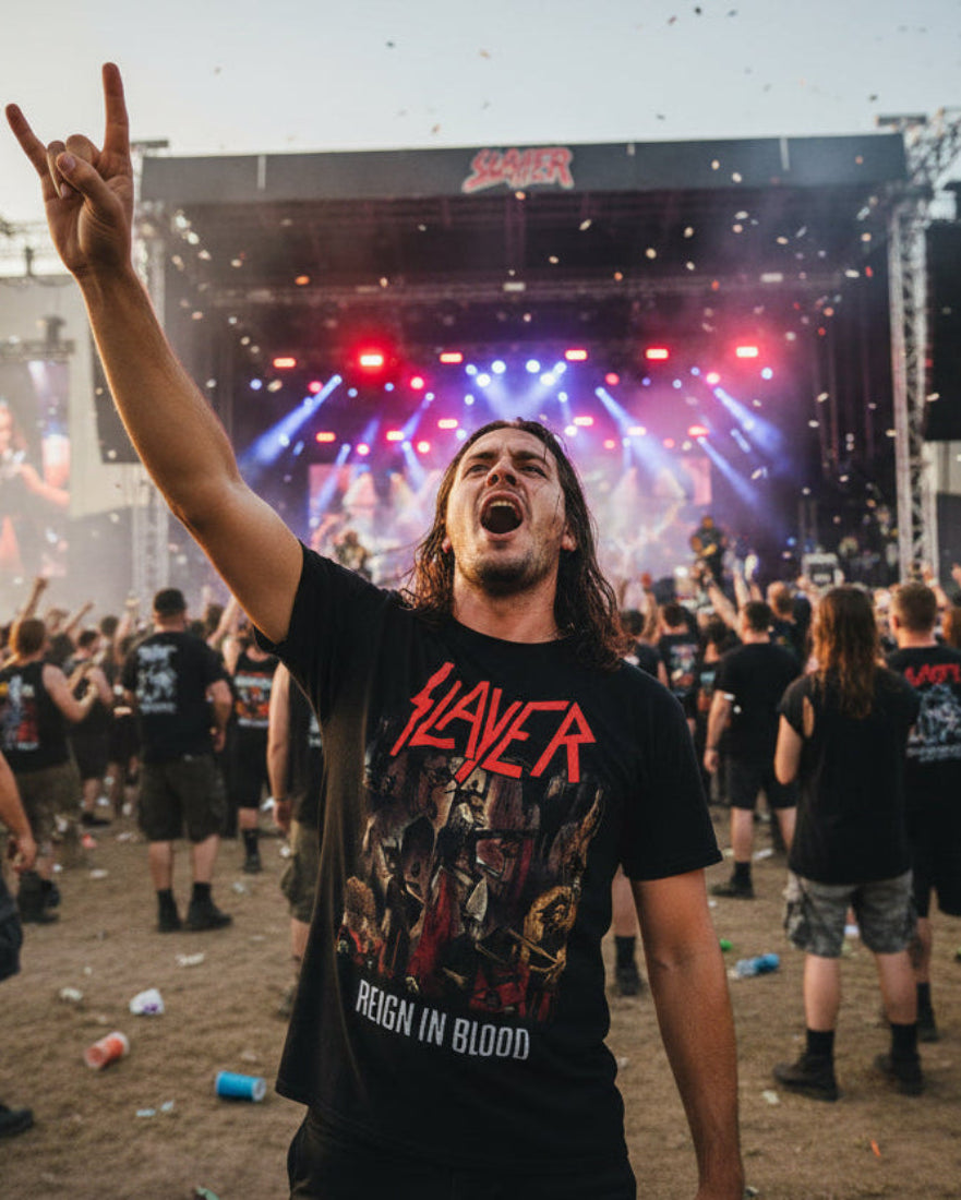 MAN WEARING Black t-shirt with Slayer 'Reign in Blood' graphic design on a white background MM-SLA10004S, MM-SLA10004M, MM-SLA10004L, MM-SLA10004X, MM-SLA10004XX