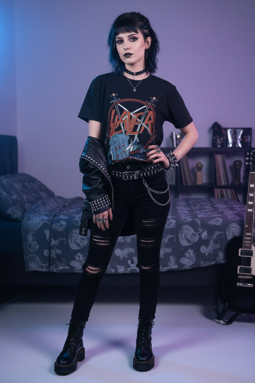 GIRL WEARING SLAYER OPEN GRAVE TOUR TEE MM-SYR-03S, MM-SYR-03M, MM-SYR-03L, MM-SYR-03X, MM-SYR-03XX