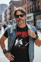 MAN WEARING Black t-shirt with Thin Lizzy band logo MM-TLY-01S, MM-TLY-01M, MM-TLY-01L, MM-TLY-01X, MM-TLY-01XX, MM-TLY-01XXX
