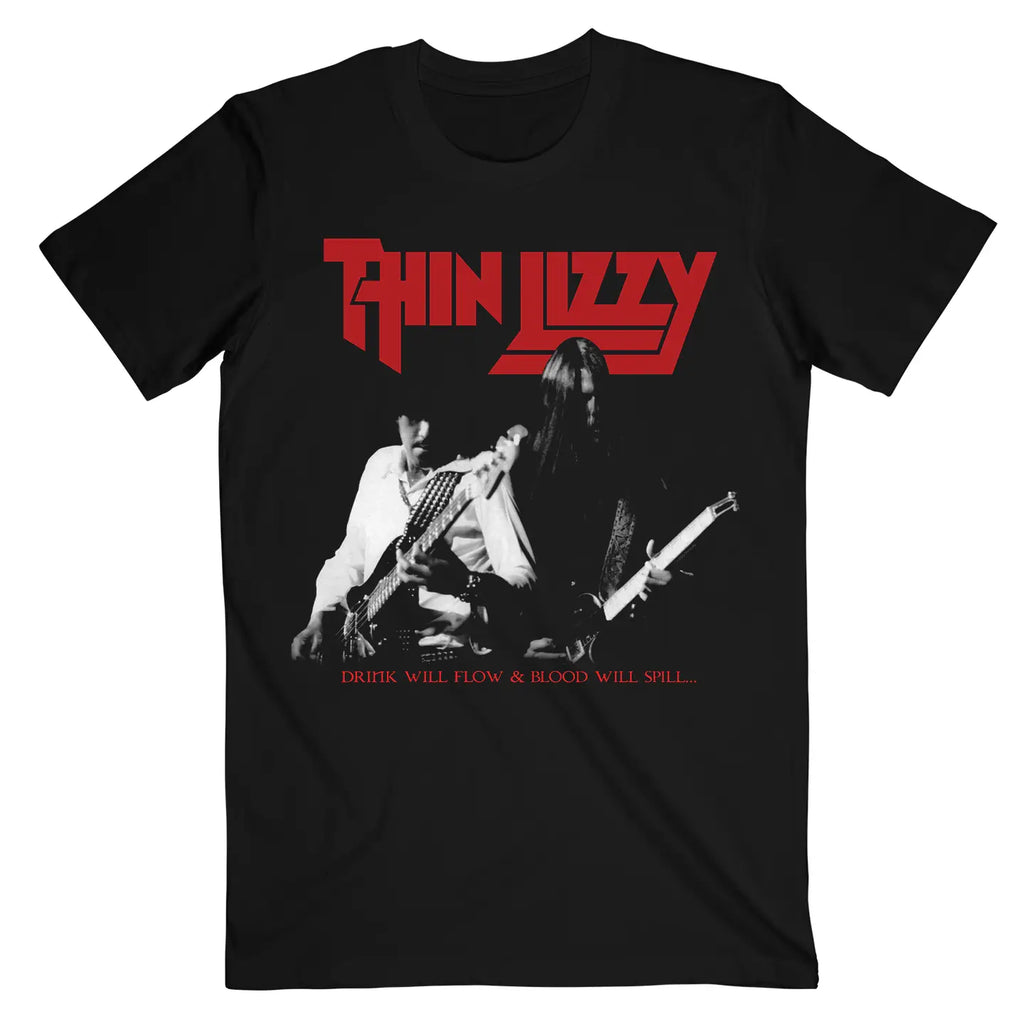 Black t-shirt with Thin Lizzy band logo and musicians playing guitars on a white background