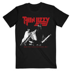 Black t-shirt with Thin Lizzy band logo and musicians playing guitars on a white background