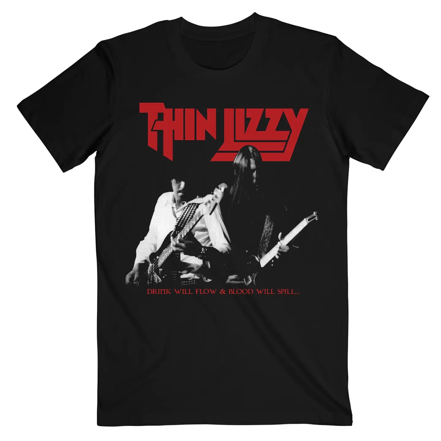 Black t-shirt with Thin Lizzy band logo and musicians playing guitars on a white background