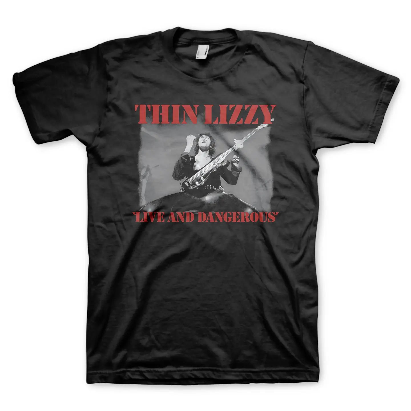 Black t-shirt with 'Thin Lizzy' graphic design on a white background
