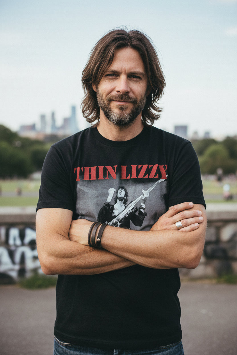 MAN WEARING THIN LIZZY SHIRT MM-TLY-03S, MM-TLY-03M, MM-TLY-03L, MM-TLY-03X, MM-TLY-03XX, MM-TLY-03XXX