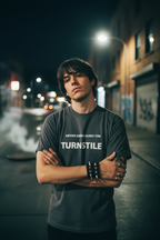 MAN WEARING TURNSTILE TEE MM-TST-01S, MM-TST-01M, MM-TST-01L, MM-TST-01X, MM-TST-01XX, MM-TST-01XXX