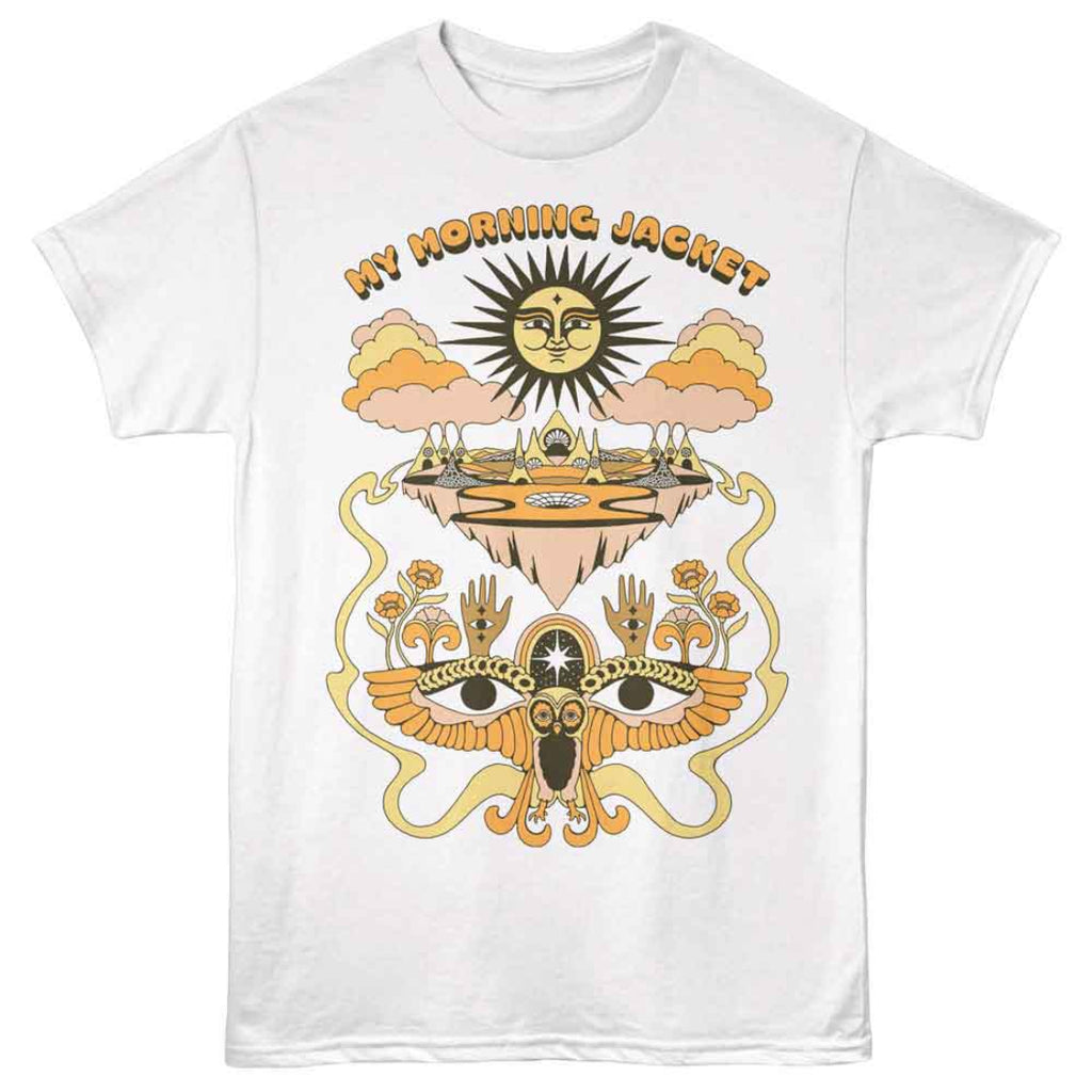 White t-shirt with 'My Morning Jacket' graphic design featuring a sun and cloud elements on a white background.