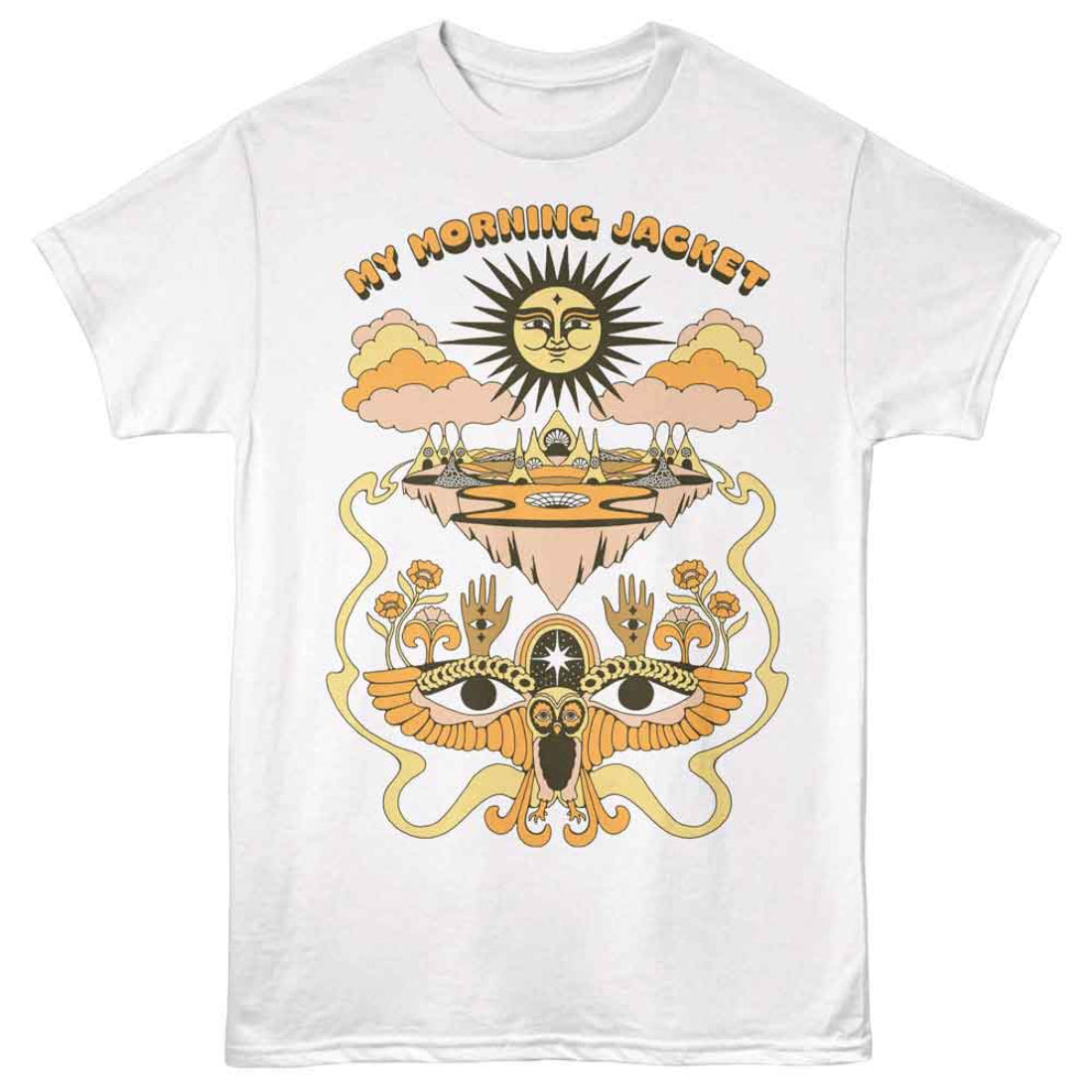 White t-shirt with 'My Morning Jacket' graphic design featuring a sun and cloud elements on a white background.