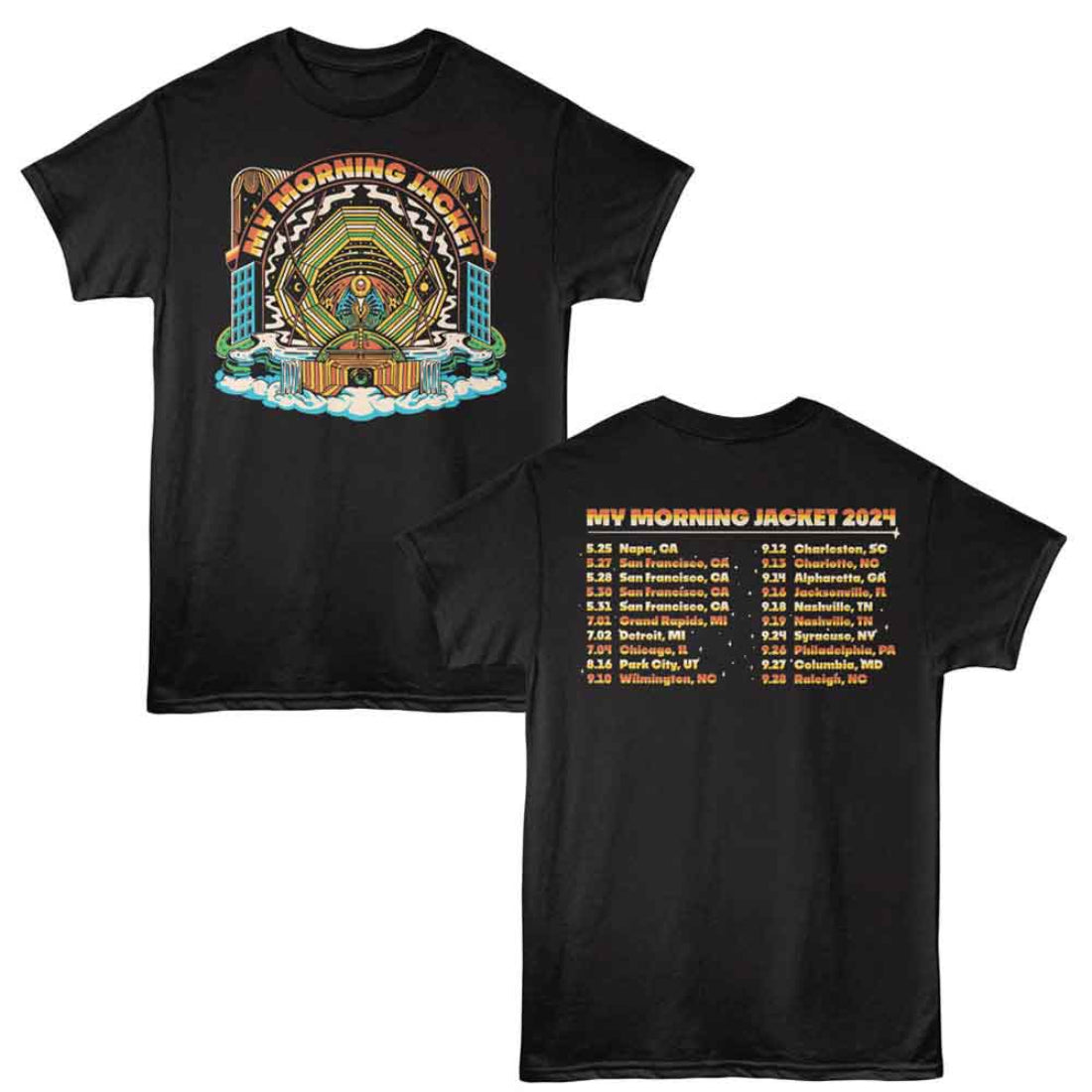 Black t-shirt with 'My Morning Jacket' graphic design on front and tour dates on back