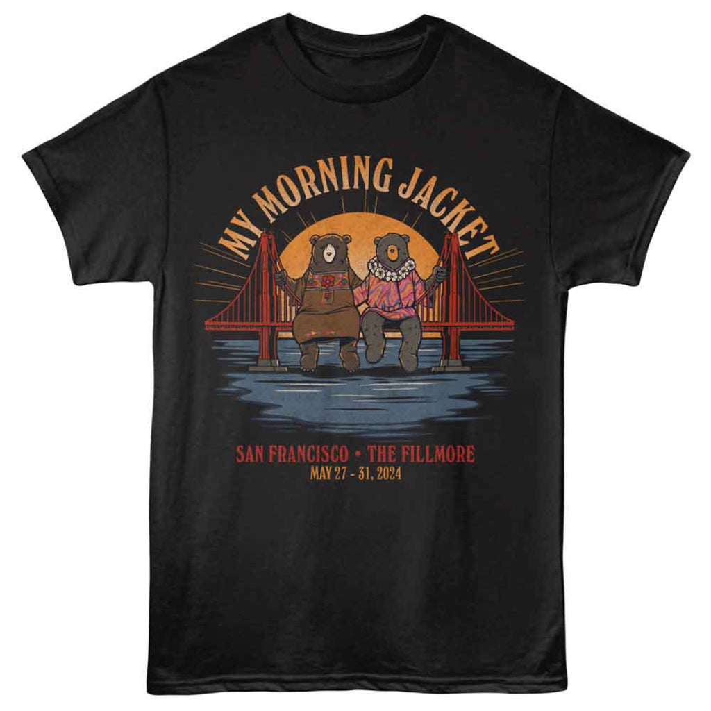 Black t-shirt with 'My Morning Jacket' graphic featuring bears and a bridge.