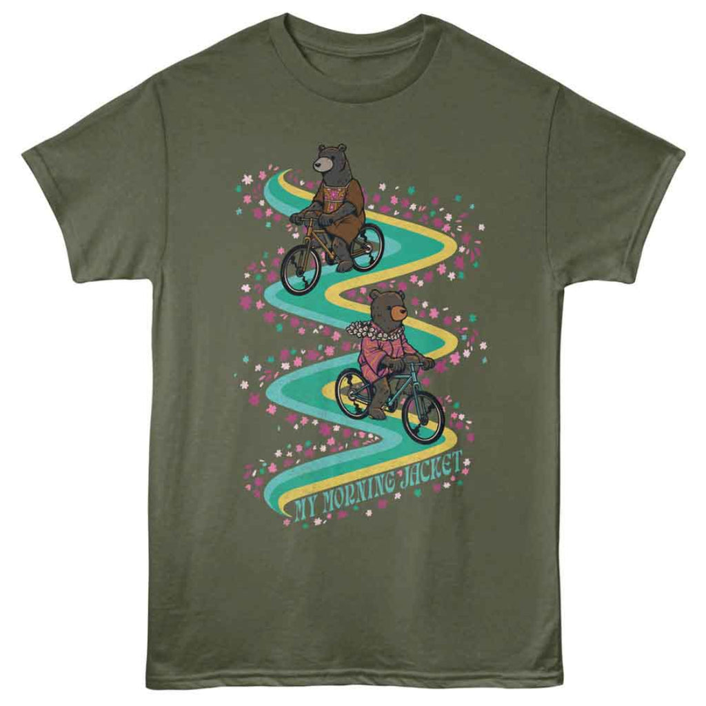 Green t-shirt with bears riding bicycles and 'My Morning Jacket' text on a white background