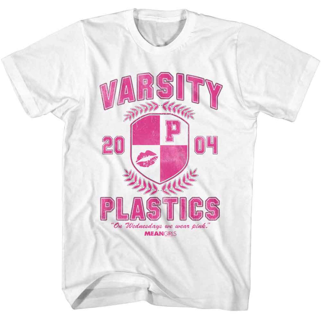 White Mean Girls  t-shirt with pink 'Varsity Plastics' design on a white background