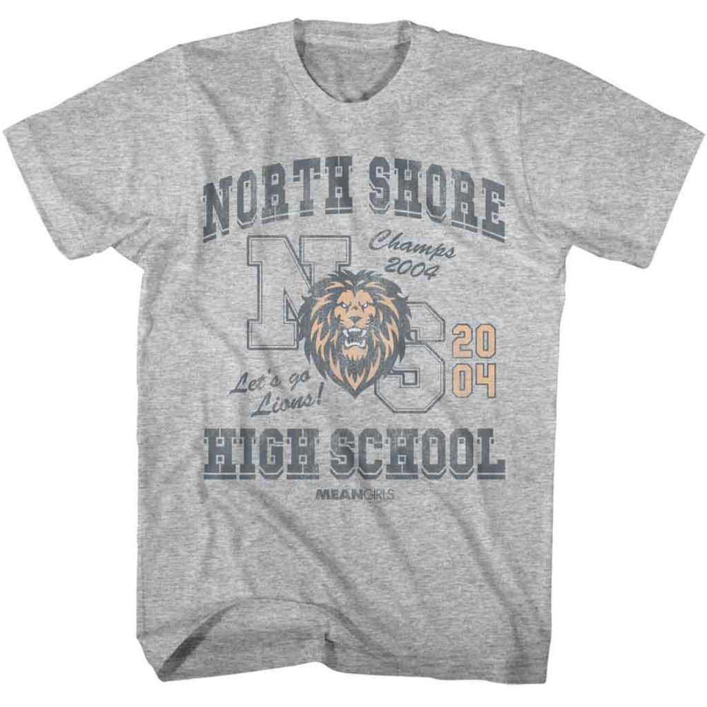 Gray Mean Girls t-shirt with 'North Shore High School' and lion graphic on a white background