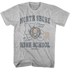 Gray Mean Girls t-shirt with 'North Shore High School' and lion graphic on a white background
