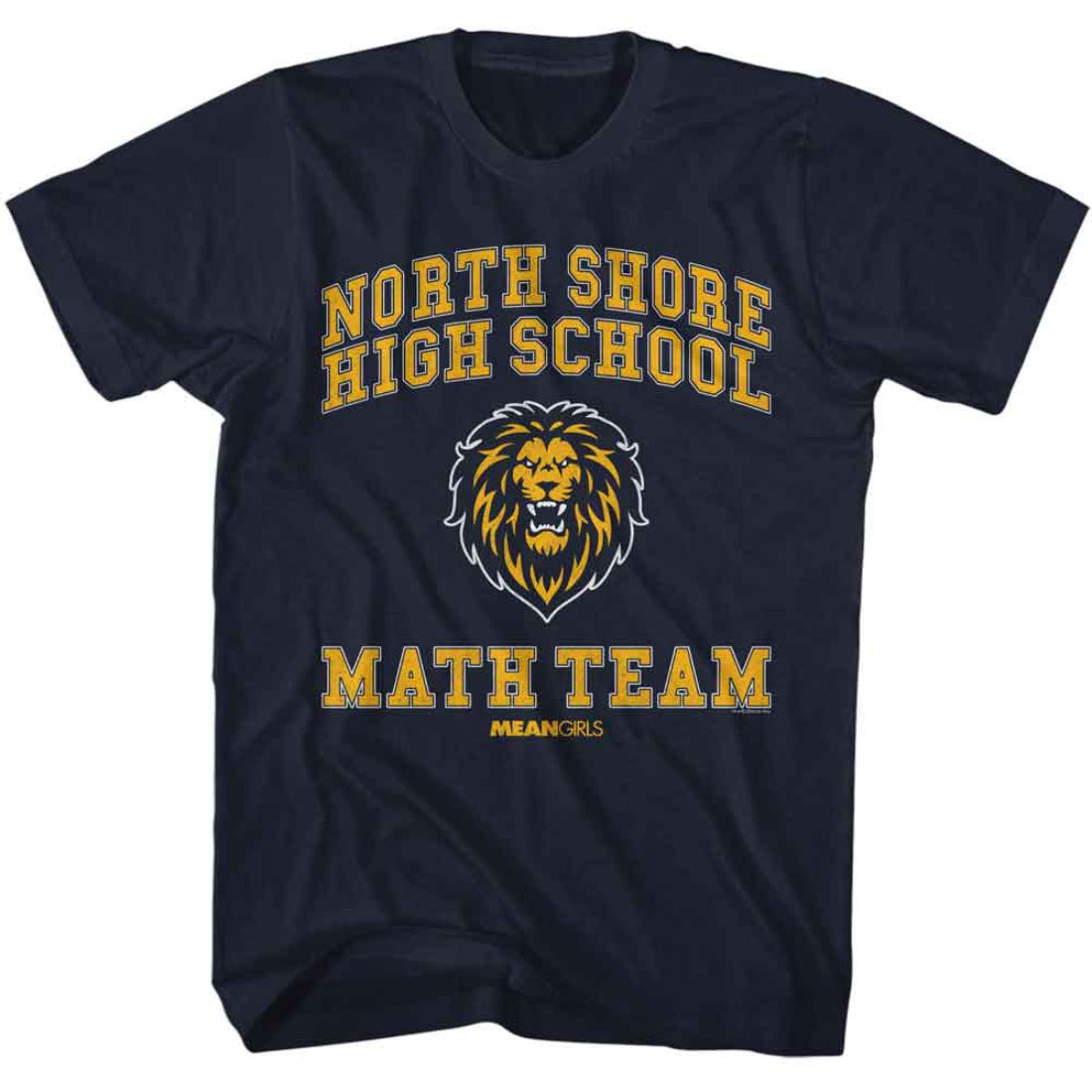 Navy blue Mean Girls  t-shirt with 'North Shore High School Math Team' and lion graphic on a white background
