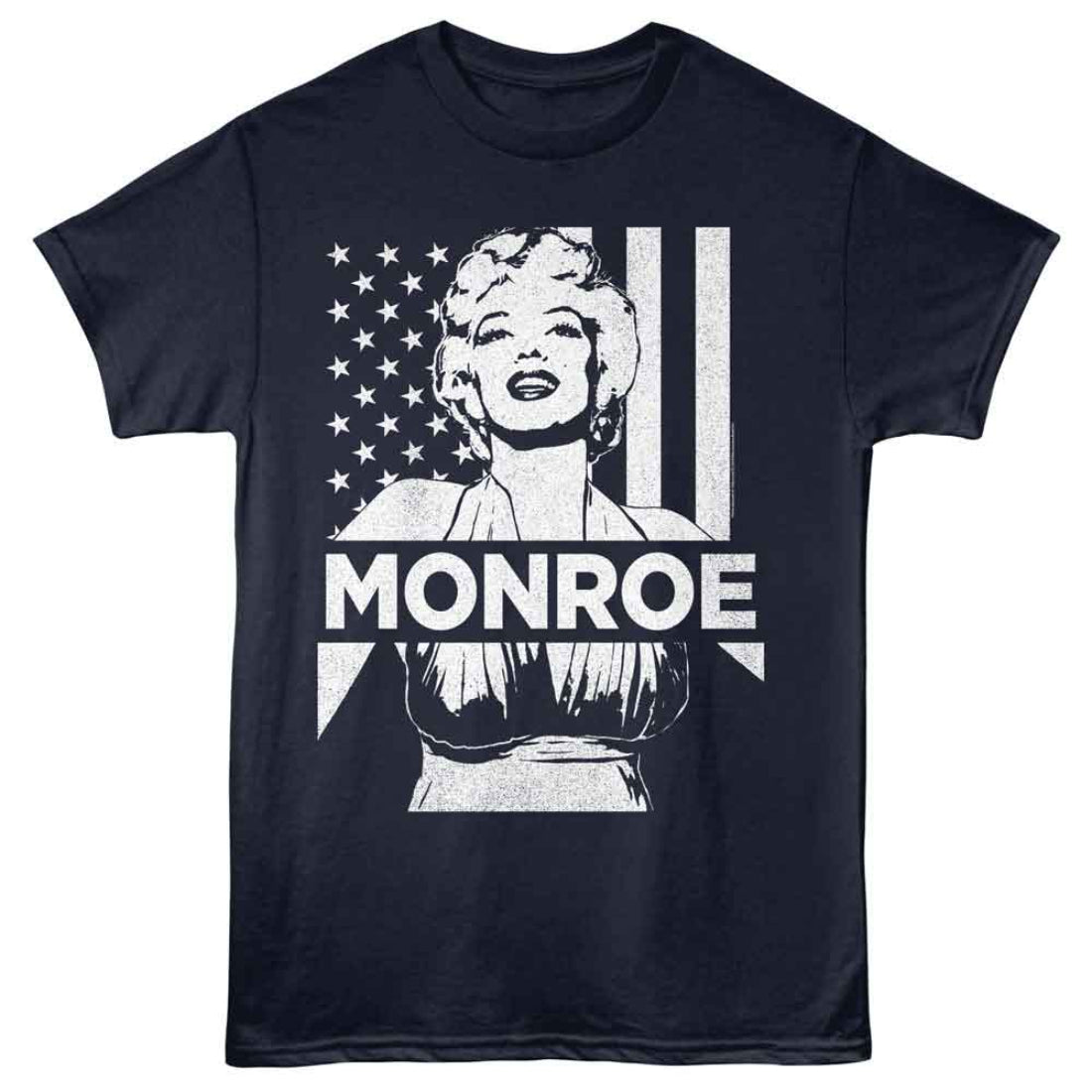 Navy blue t-shirt with an illustrated graphic of Marilyn Monrow and the USA Flag