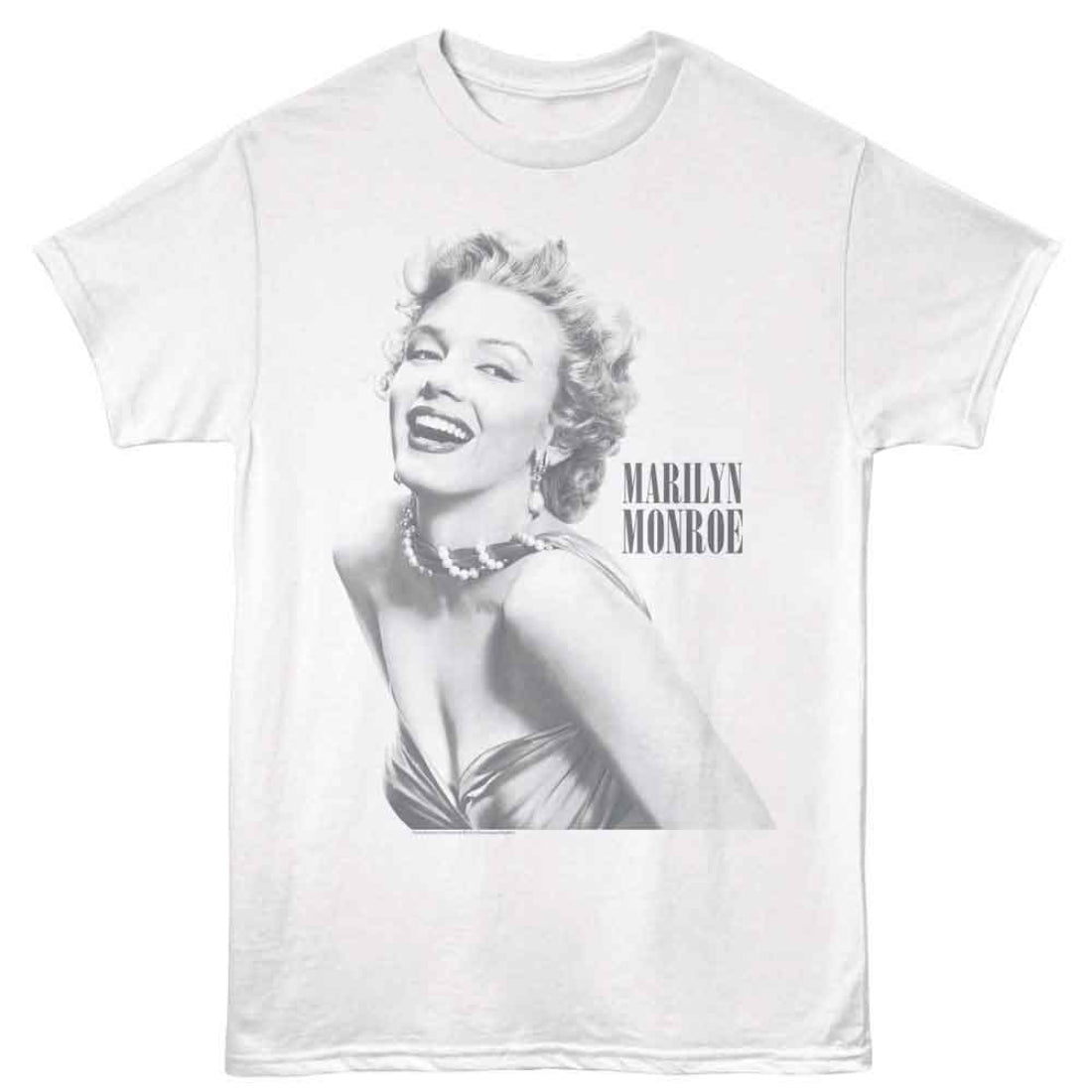 White t-shirt with black and white graphic of Marilyn Monroe on a white background