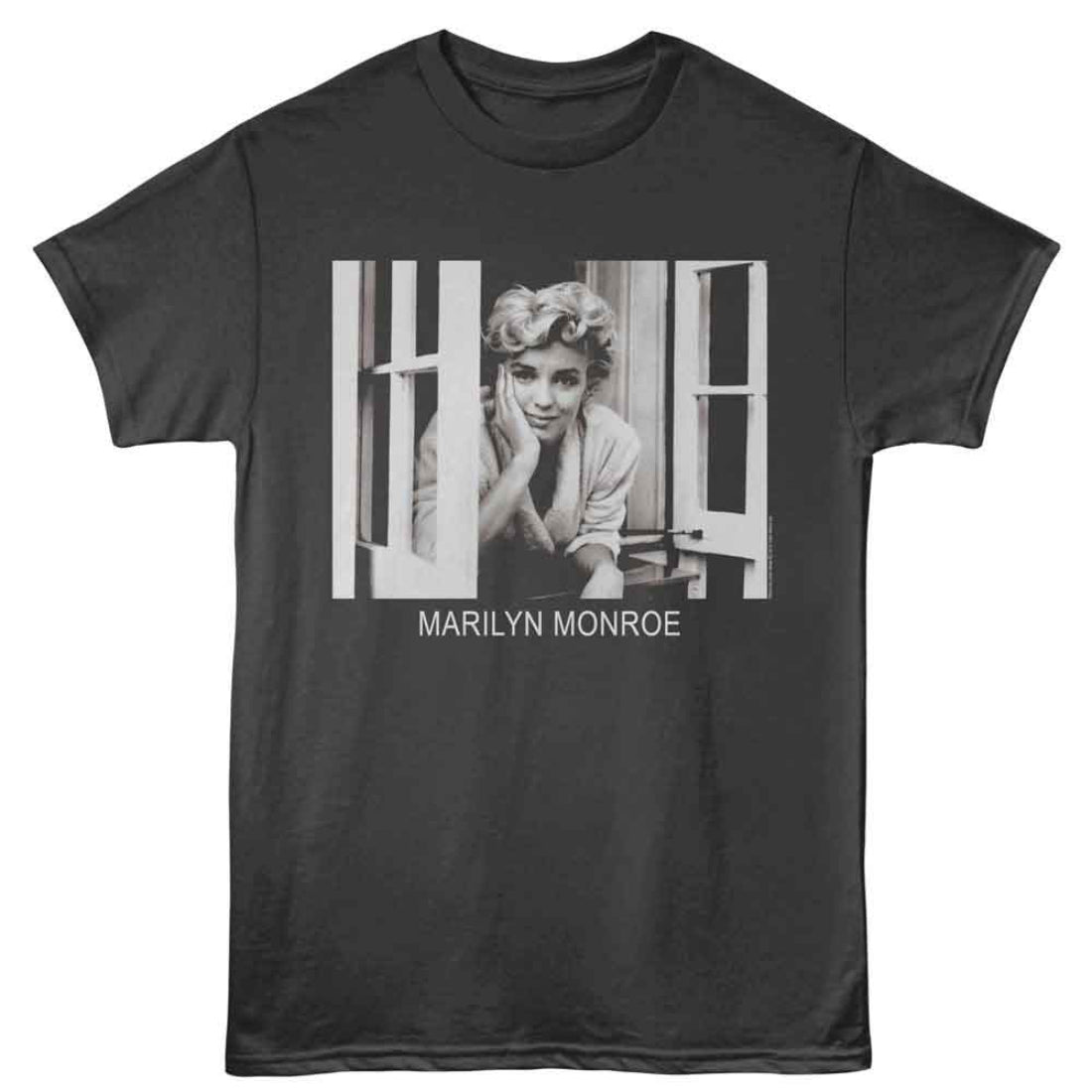 Black t-shirt with a graphic of Marilyn Monroe and text on a white background